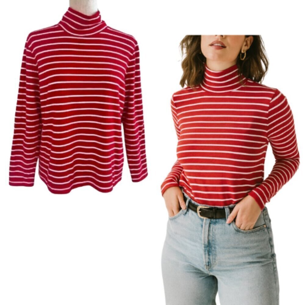 LANDS END Striped Red White Knit Turtleneck Size L